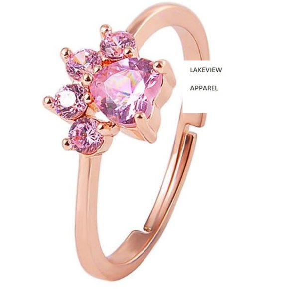 Lakeview Apparel Jewelry - 1 CT Pink Crystal Rose Gold Cat Dog Paw Ring Adj